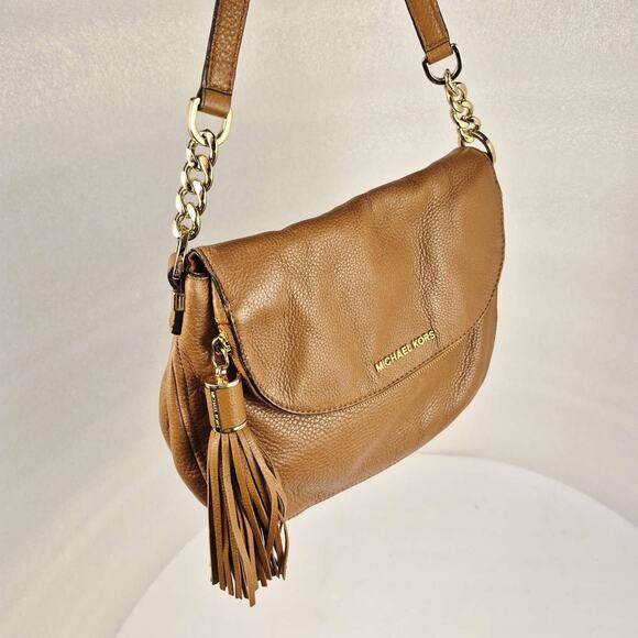 Michael Kors Bedford Handbag Purse Tassel Crossbody Tan Pebble Leather Gold - Picture 12 of 16